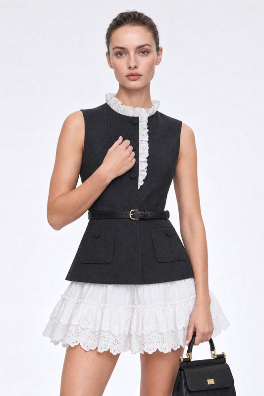 Suiting Vest Mini Dress with Broderie Anglaise Tiered Skirt – Charcoal
