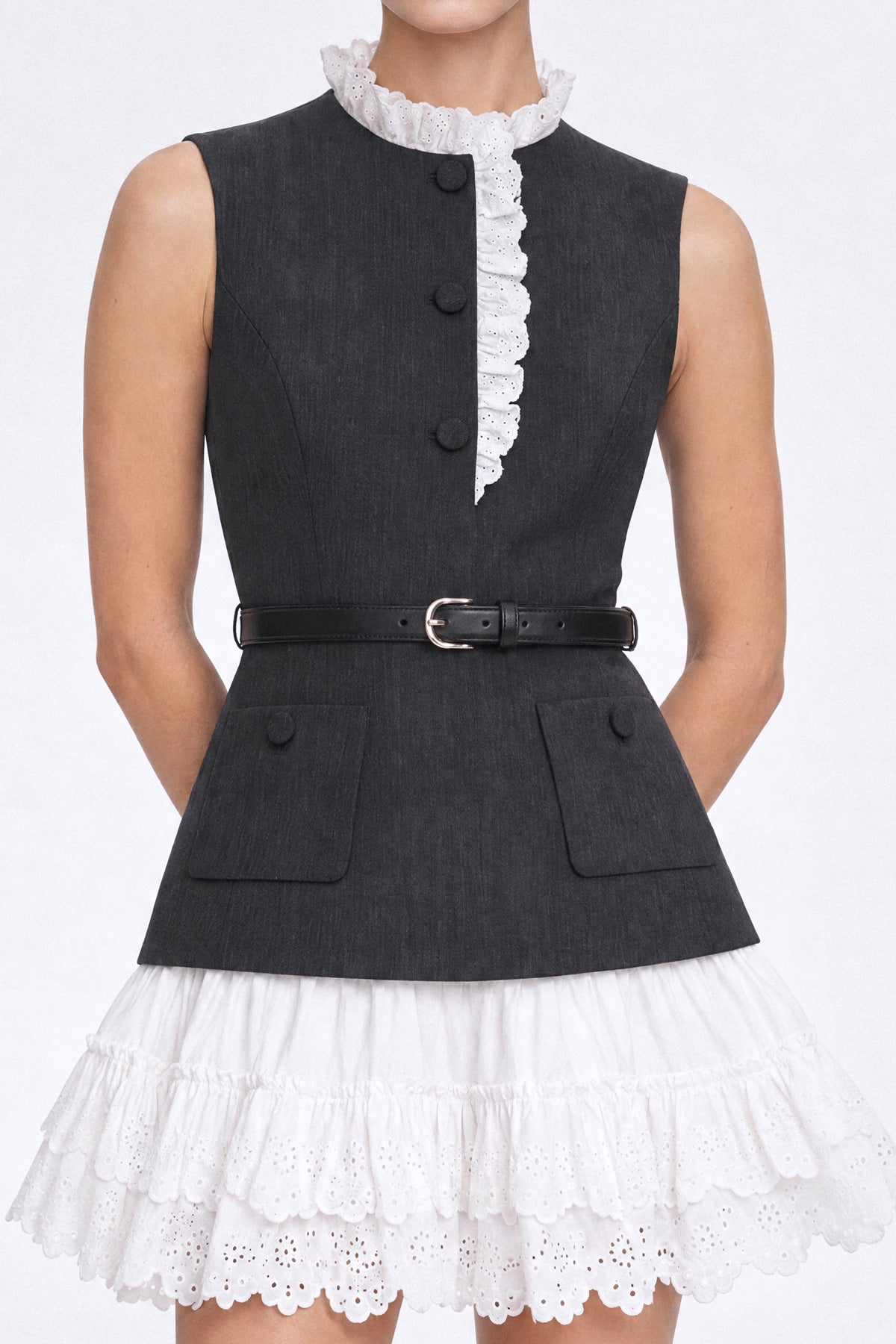 Suiting Vest Mini Dress with Broderie Anglaise Tiered Skirt – Charcoal – view 4