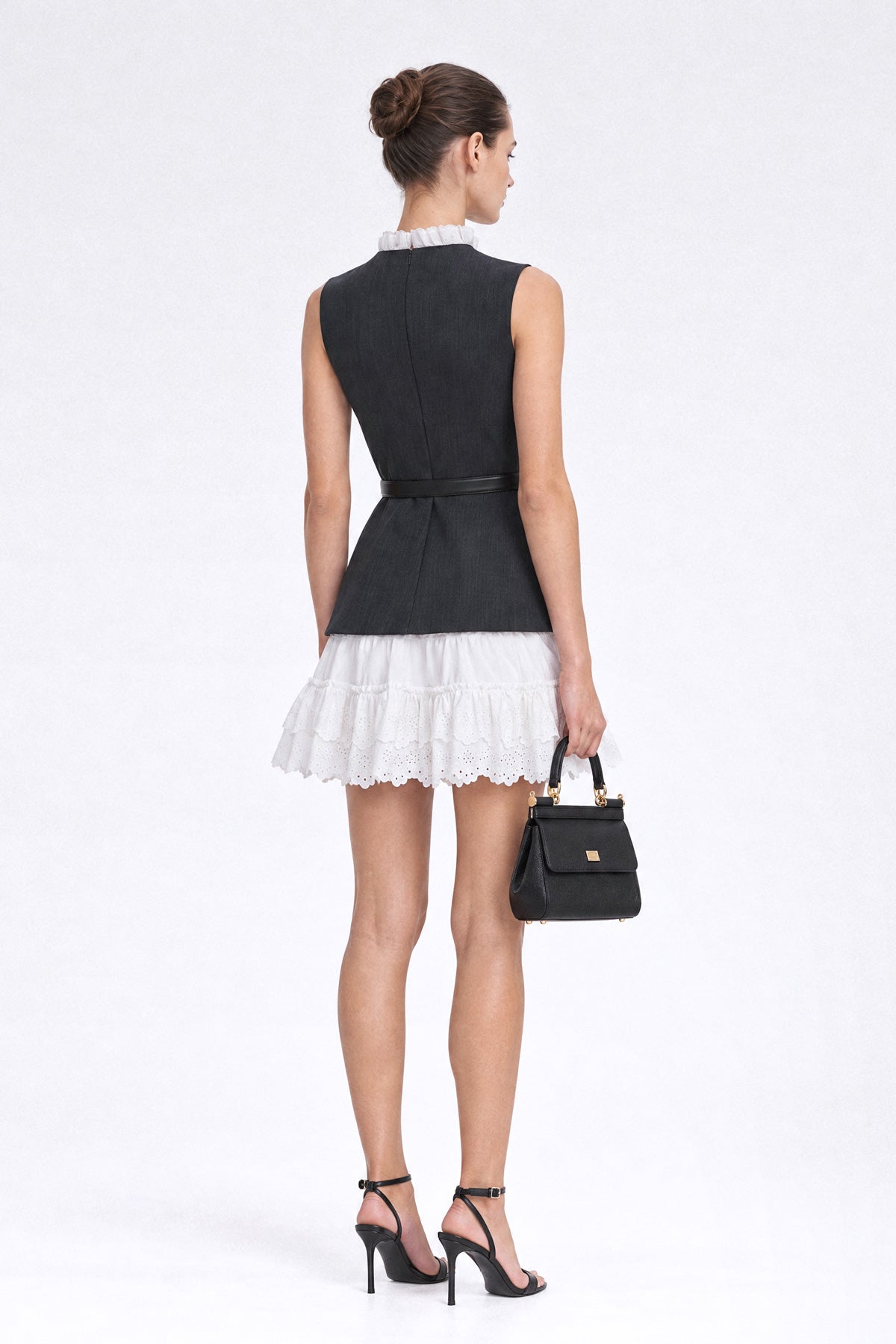 Suiting Vest Mini Dress with Broderie Anglaise Tiered Skirt – Charcoal – view 6