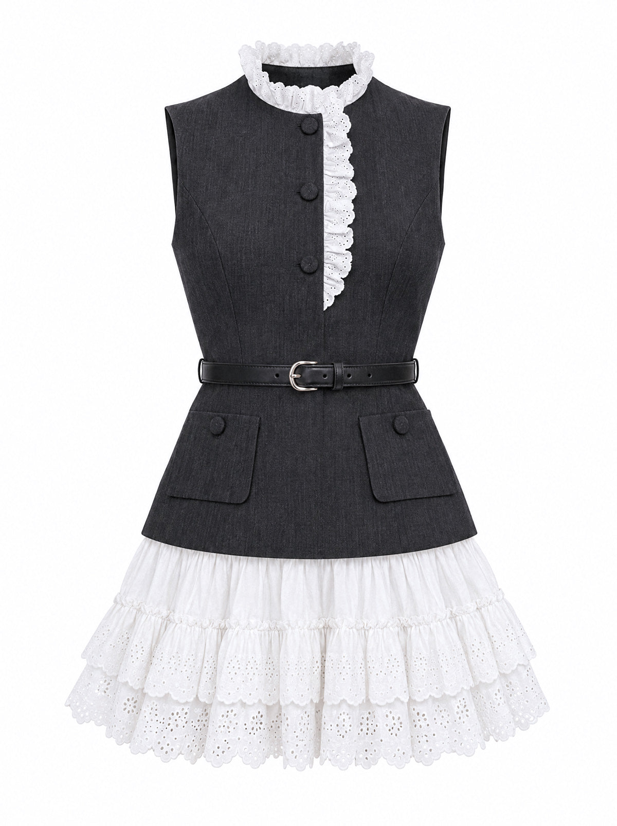 Suiting Vest Mini Dress with Broderie Anglaise Tiered Skirt – Charcoal – view 2