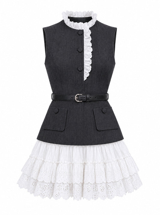 Suiting Vest Mini Dress with Broderie Anglaise Tiered Skirt – Charcoal – view 2
