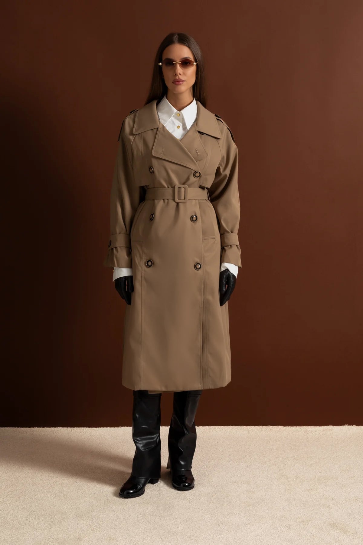 Double-Breasted Midi Trench Coat with Epaulettes and Belt – Khaki – view 3