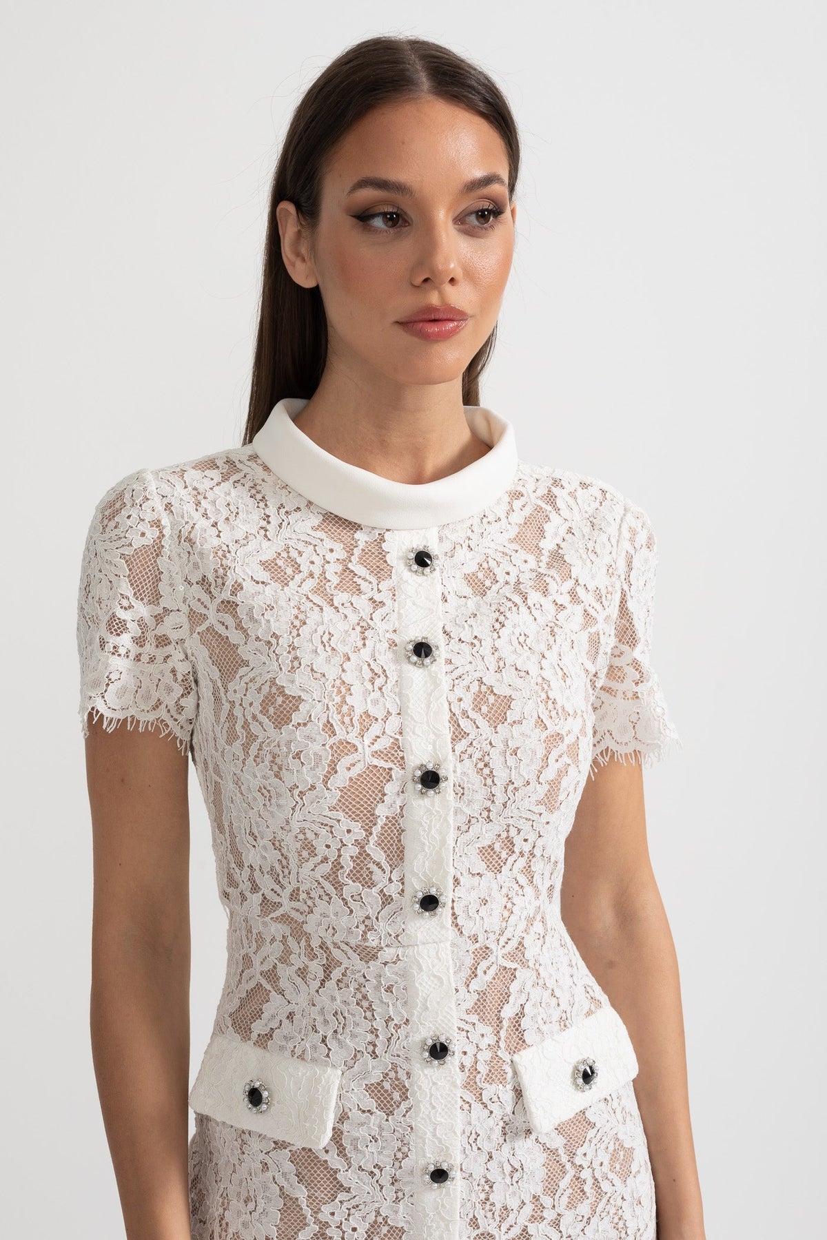 Short Sleeve High Collar Lace Dress with Matching Belt – White – view 6