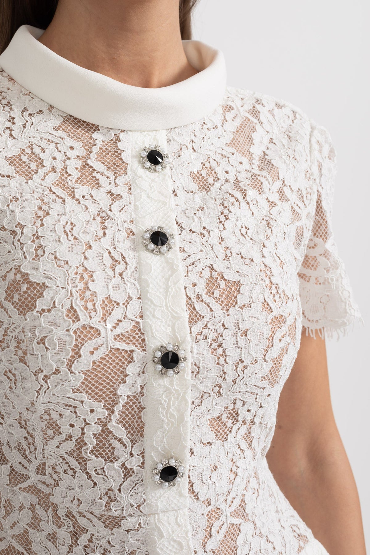 Short Sleeve High Collar Lace Dress with Matching Belt – White