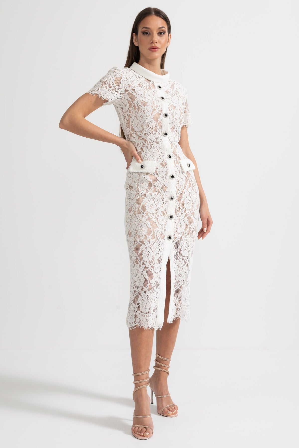 Short Sleeve High Collar Lace Dress with Matching Belt – White – view 4