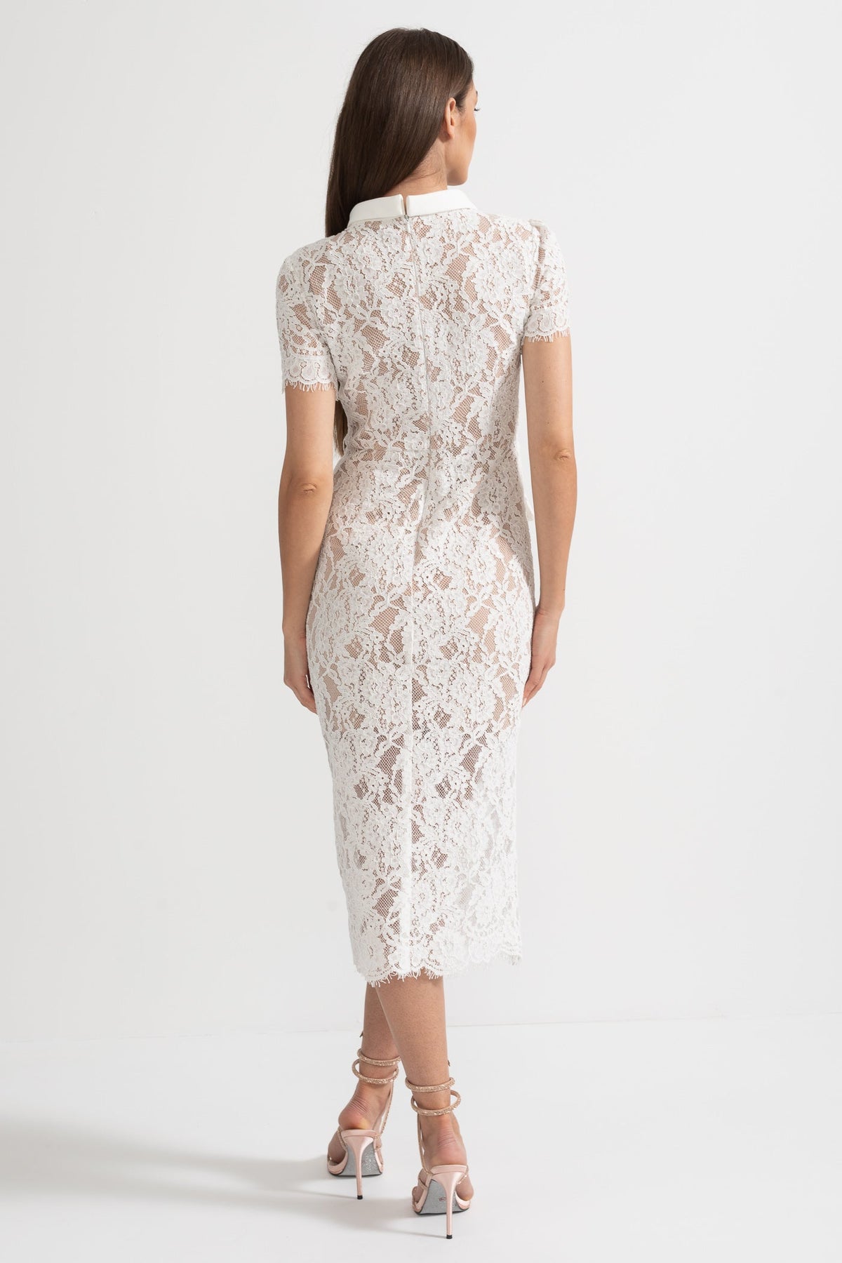 Short Sleeve High Collar Lace Dress with Matching Belt – White