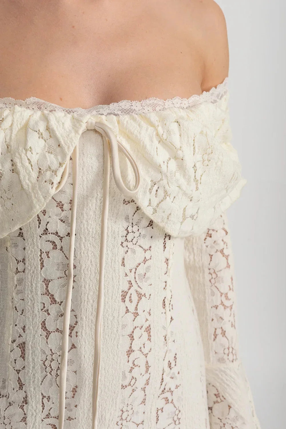 Off-Shoulder Floral Lace Gown with Long Flared Sleeves – Ivory – view 3