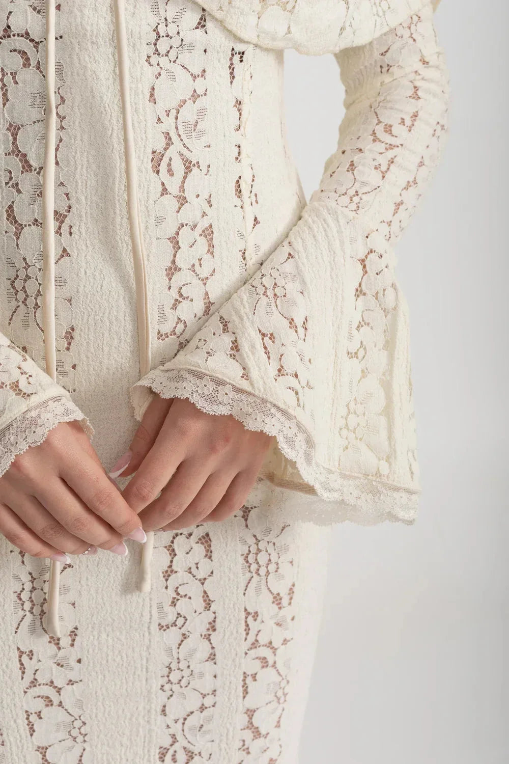 Off-Shoulder Floral Lace Gown with Long Flared Sleeves – Ivory – view 4