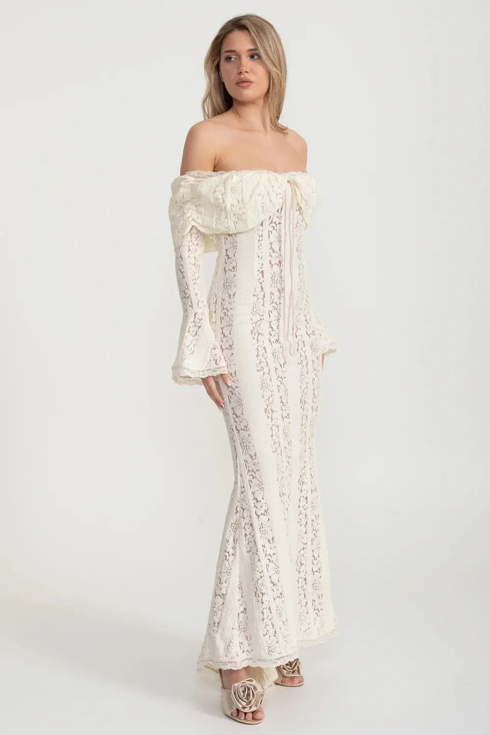 Off-Shoulder Floral Lace Gown with Long Flared Sleeves – Ivory – view 5