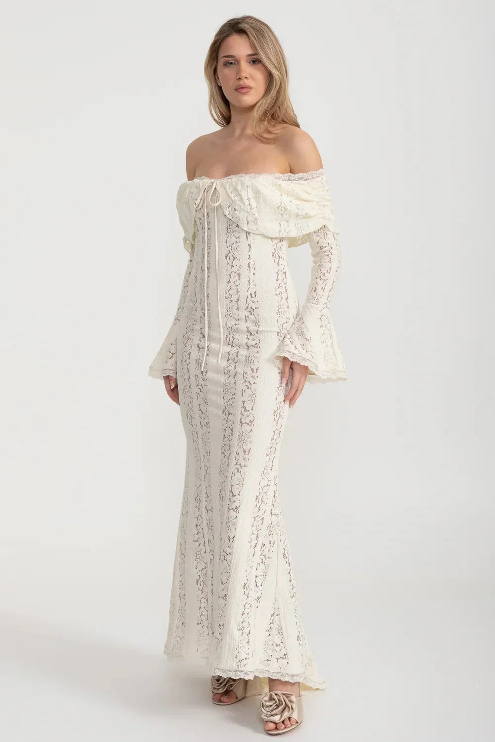 Off-Shoulder Floral Lace Gown with Long Flared Sleeves – Ivory – view 6