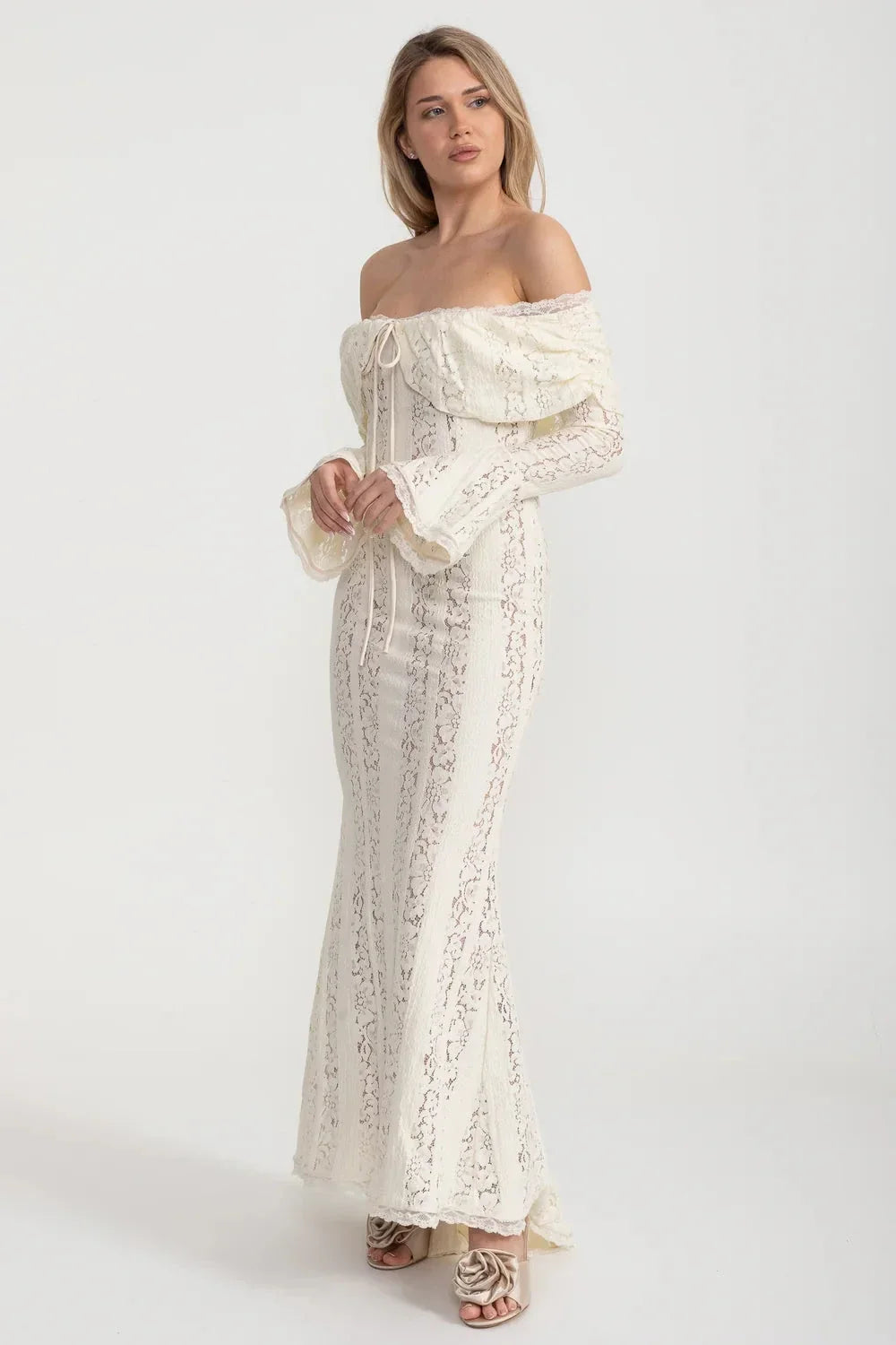 Off-Shoulder Floral Lace Gown with Long Flared Sleeves – Ivory – view 7