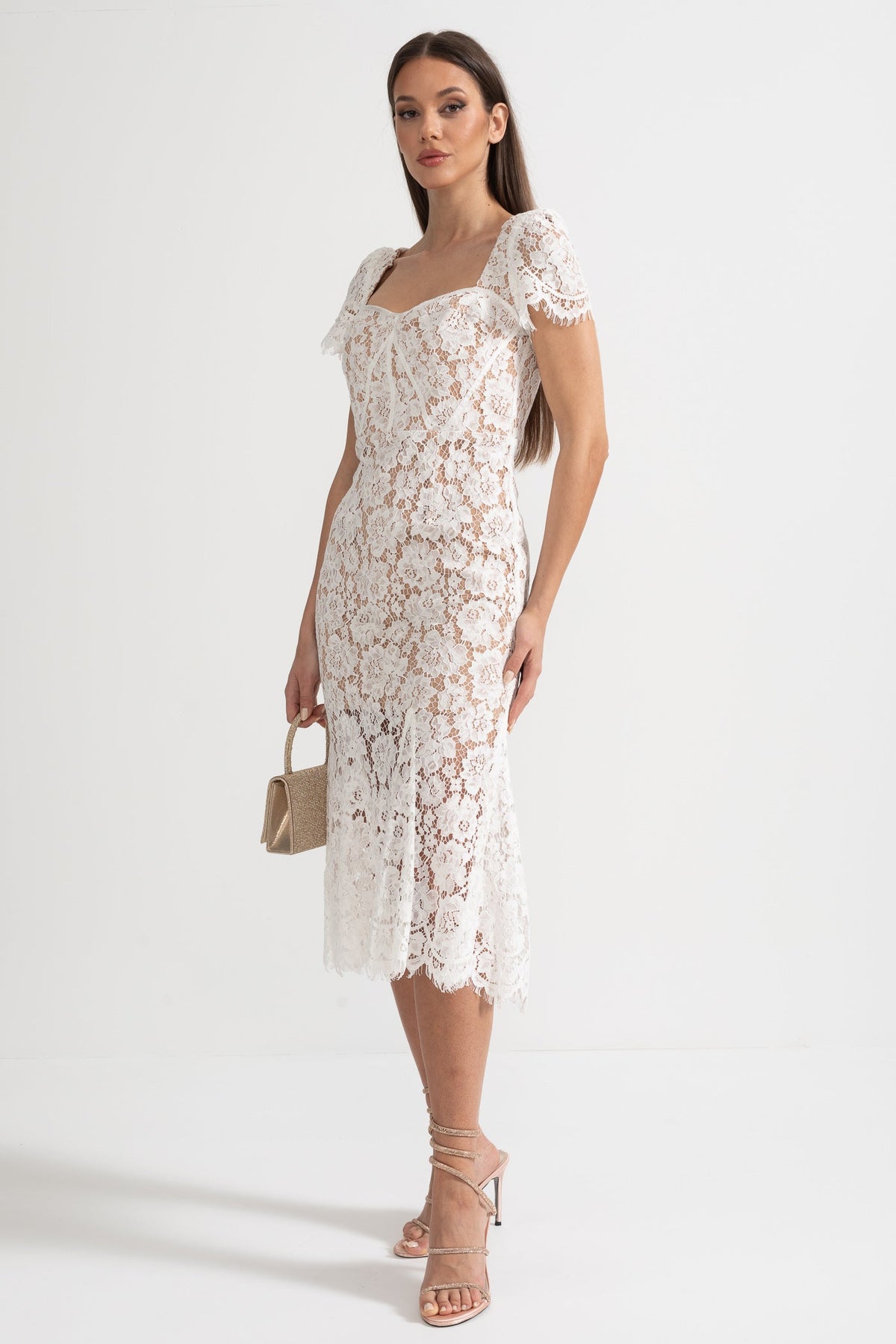 Floral Lace Puff Sleeve Dress with Matching Waist Belt – White – view 8