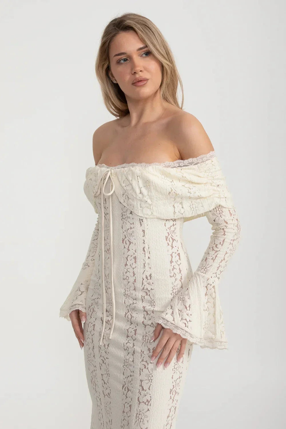 Off-Shoulder Floral Lace Gown with Long Flared Sleeves – Ivory – view 8