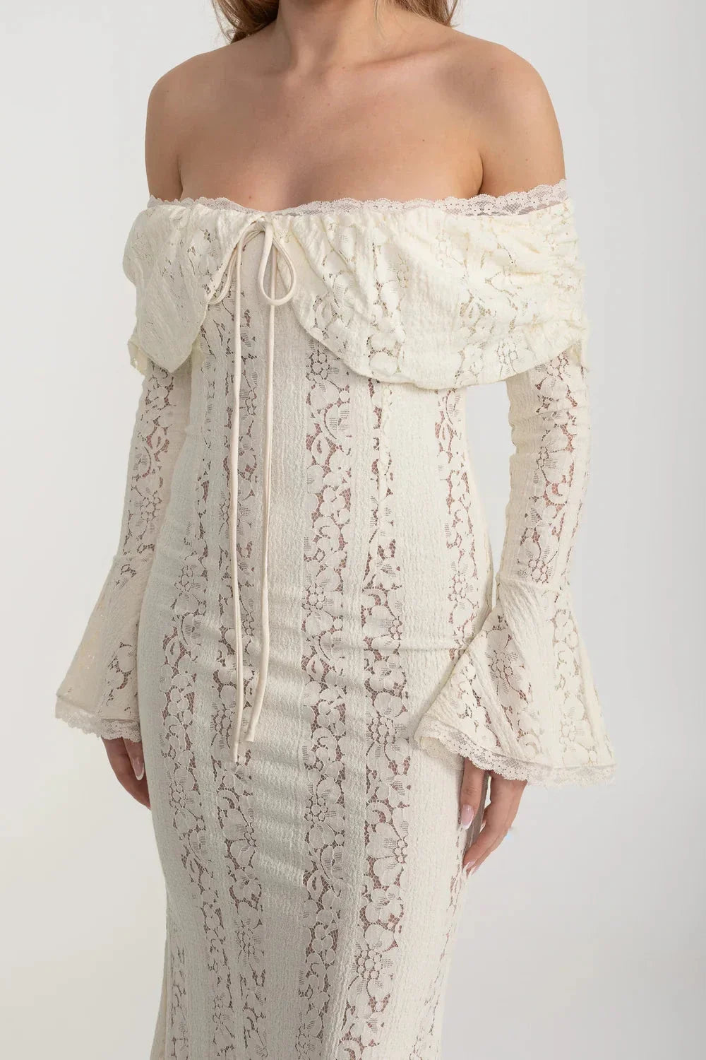 Off-Shoulder Floral Lace Gown with Long Flared Sleeves – Ivory – view 9