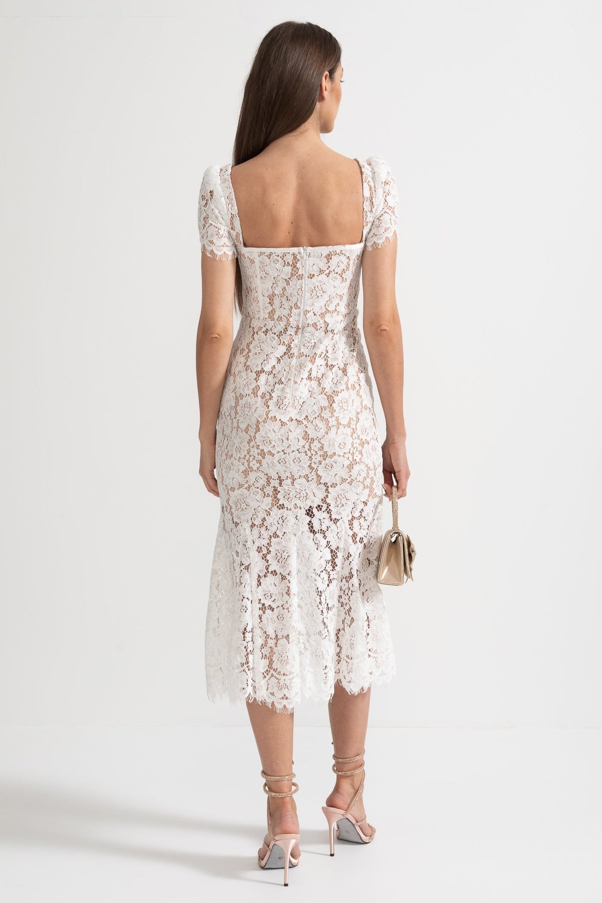 Floral Lace Puff Sleeve Dress with Matching Waist Belt – White – view 12