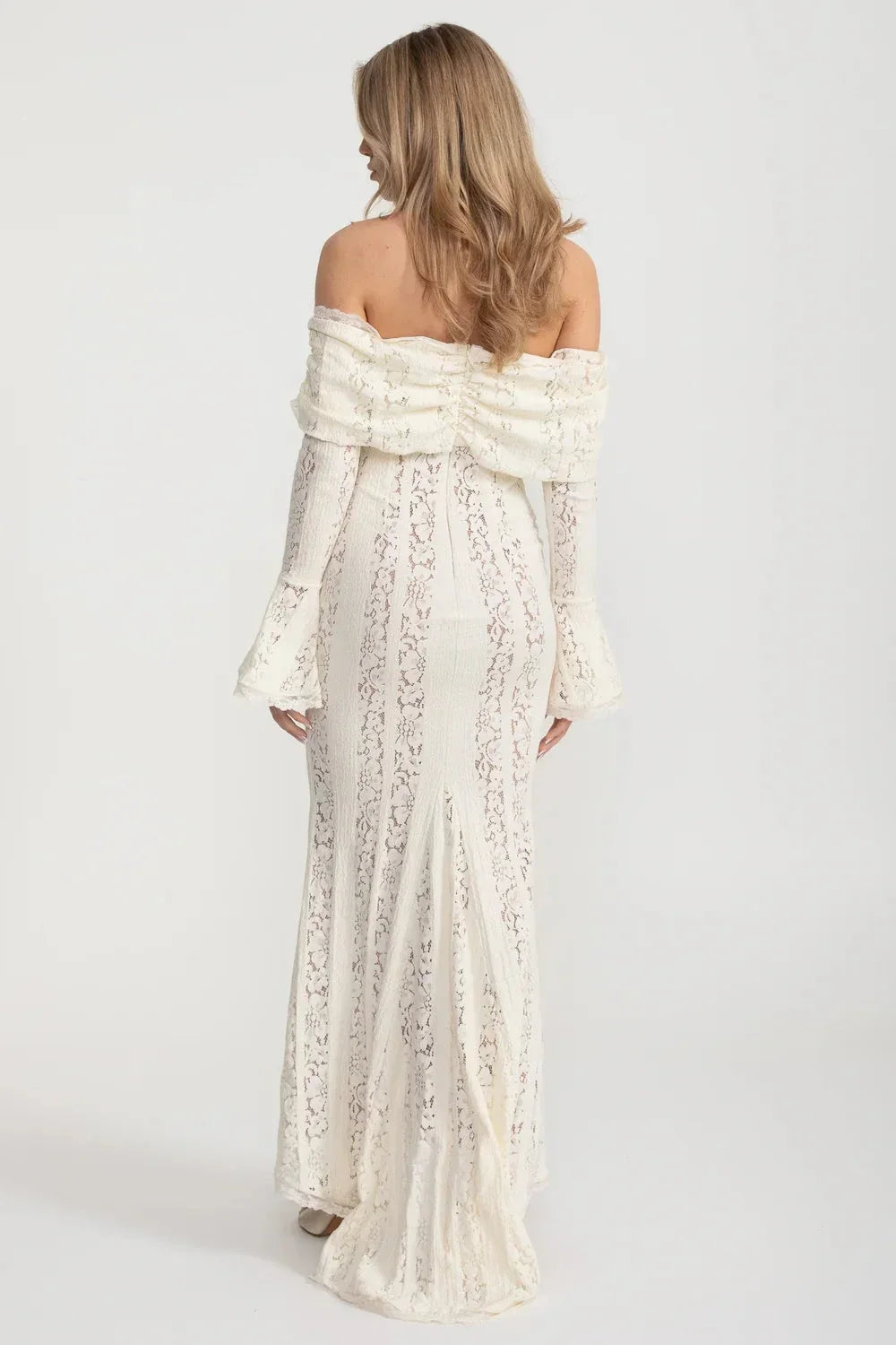 Off-Shoulder Floral Lace Gown with Long Flared Sleeves – Ivory – view 10