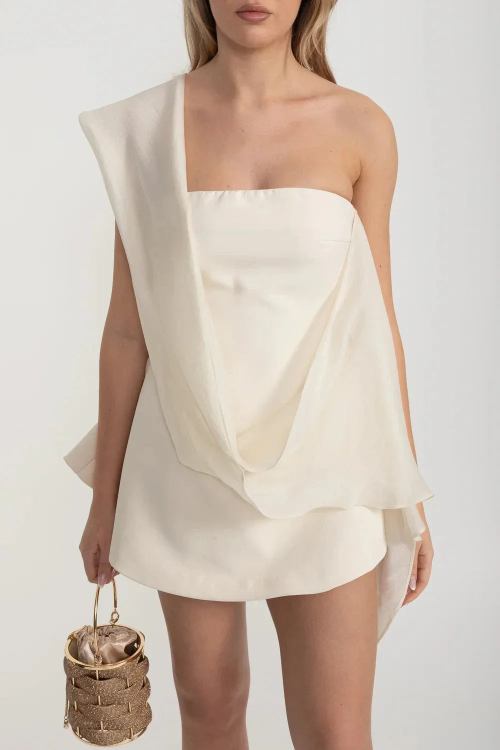 Strapless Fitted Mini Dress with Flared Skirt and Draping Scarf – Ivory – view 6