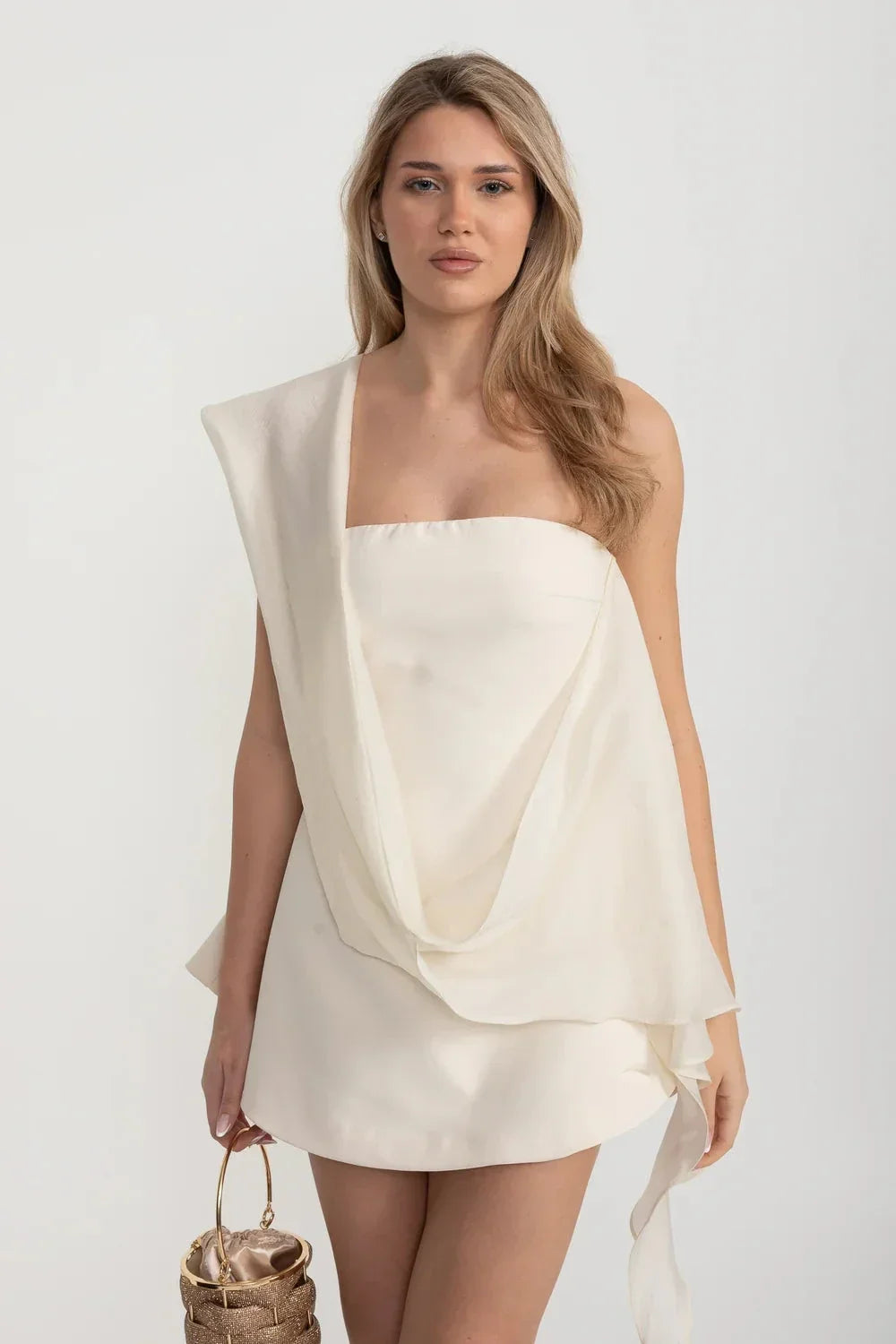 Strapless Fitted Mini Dress with Flared Skirt and Draping Scarf – Ivory – view 1