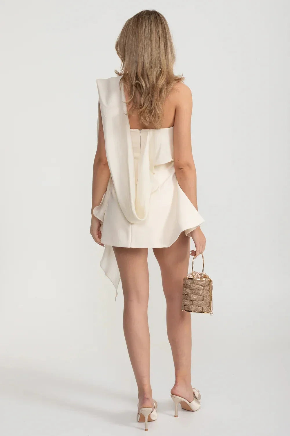 Strapless Fitted Mini Dress with Flared Skirt and Draping Scarf – Ivory – view 7