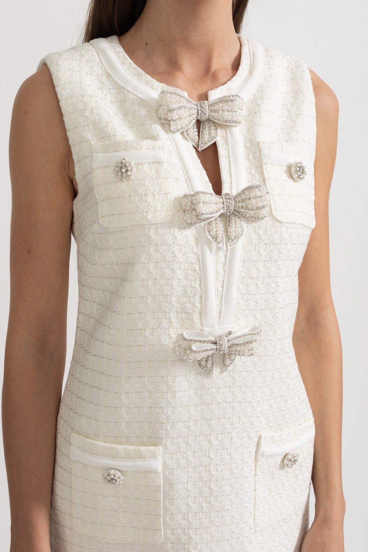 Sleeveless Textured Dress with Metal Embellished Bows – White – view 6