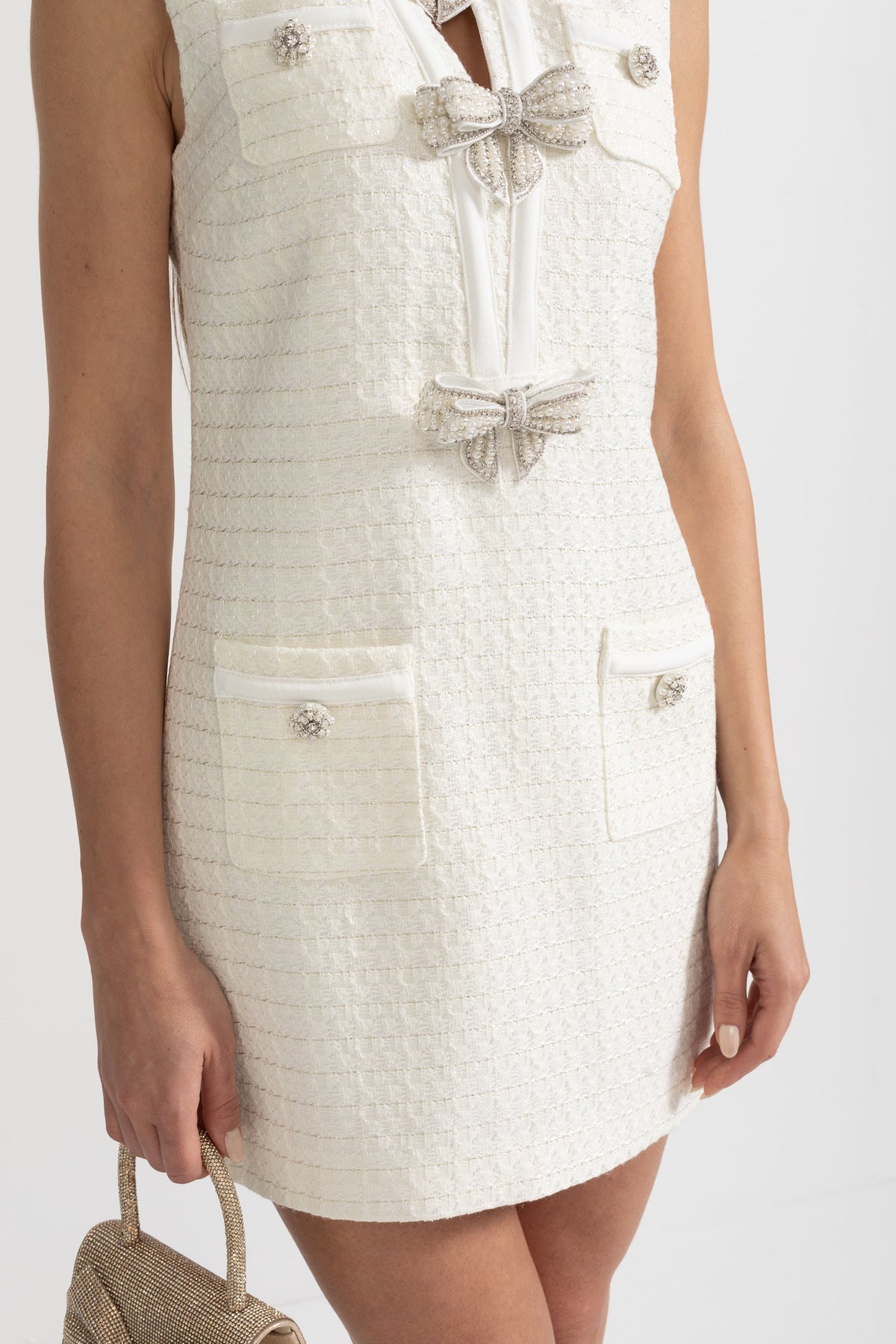 Sleeveless Textured Dress with Metal Embellished Bows – White – view 9
