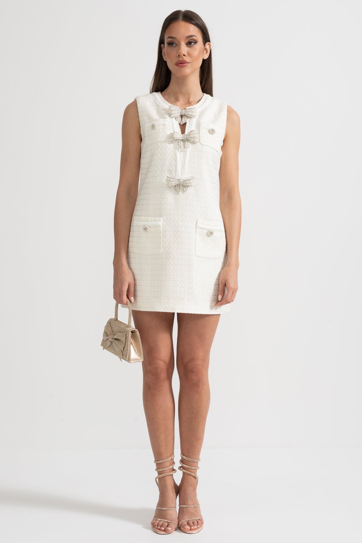 Sleeveless Textured Dress with Metal Embellished Bows – White – view 10