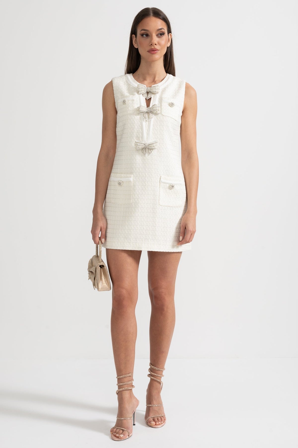 Sleeveless Textured Dress with Metal Embellished Bows – White – view 11