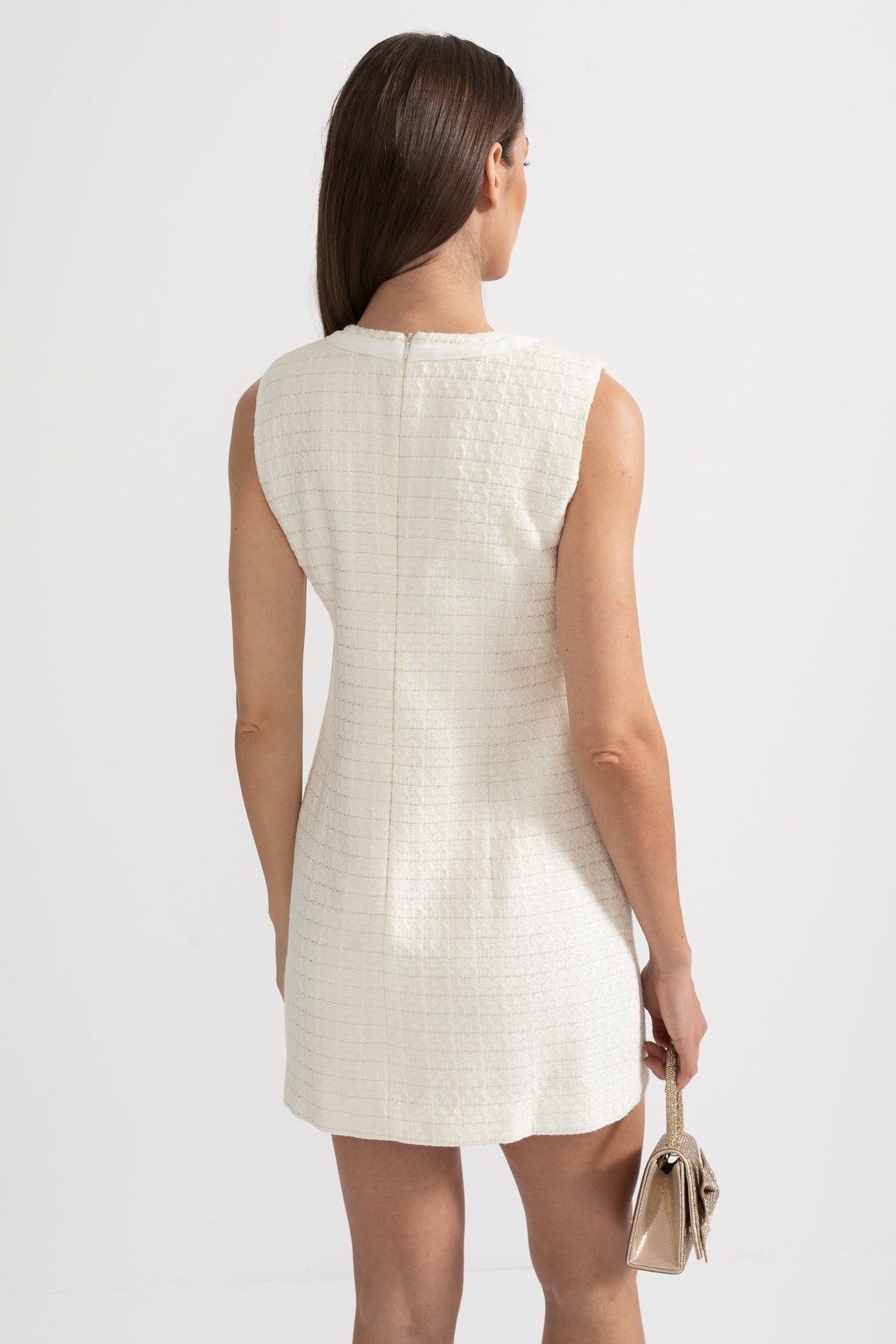 Sleeveless Textured Dress with Metal Embellished Bows – White – view 16