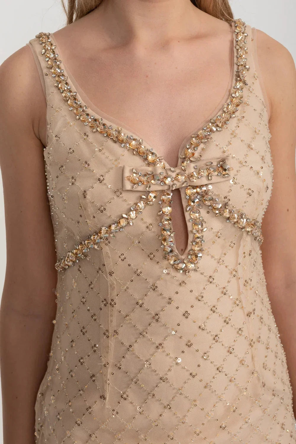 Sequin and Beaded Diamond Pattern Deep V-Neck Fitted Dress – Gold – view 3