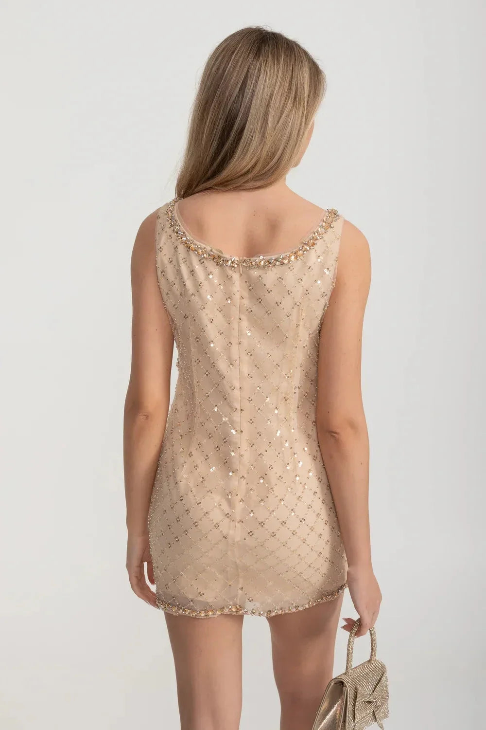 Sequin and Beaded Diamond Pattern Deep V-Neck Fitted Dress – Gold – view 9