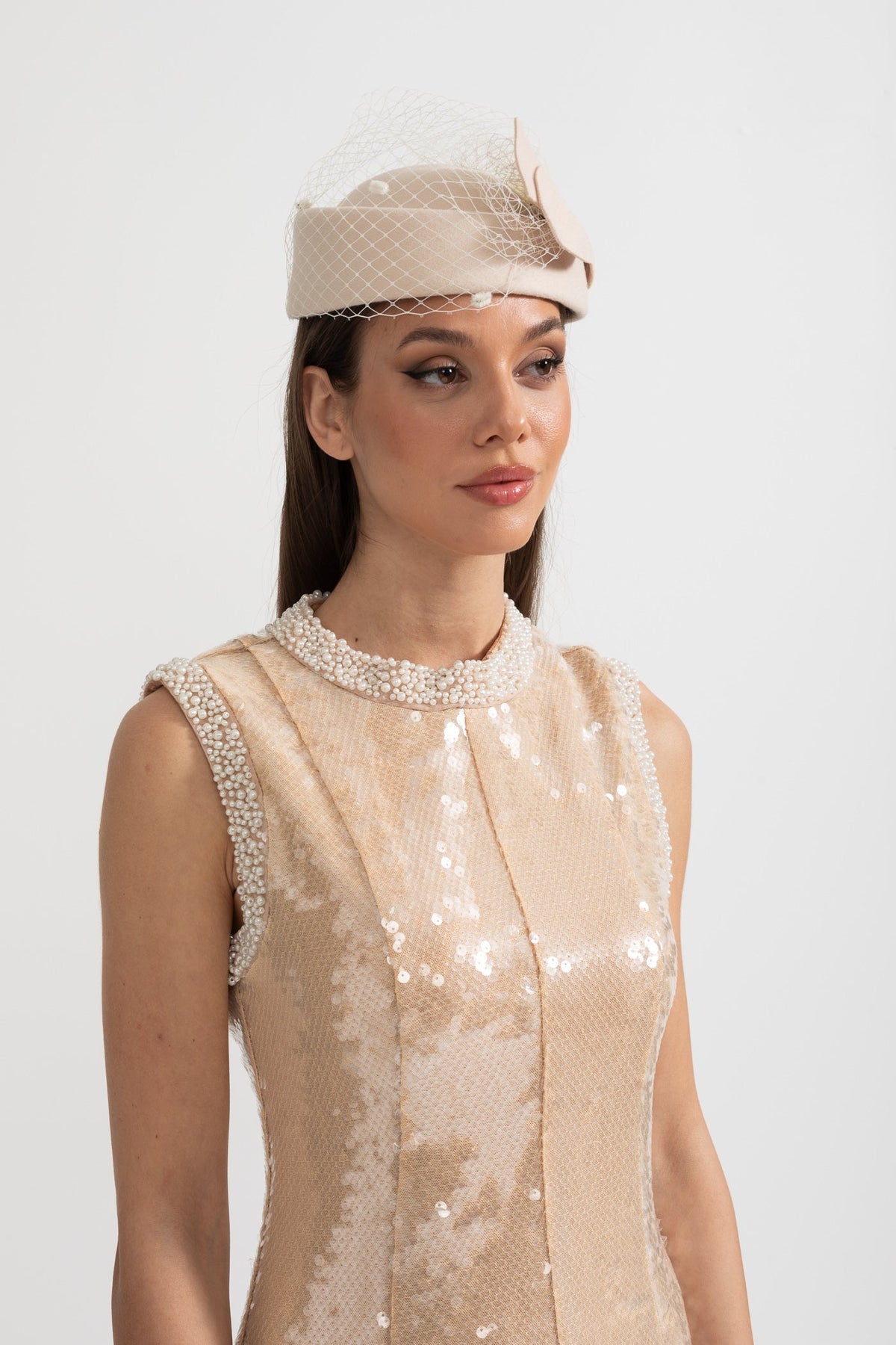 Netting Overlay Hat with Decorative Bow Appliqué – Beige – view 2