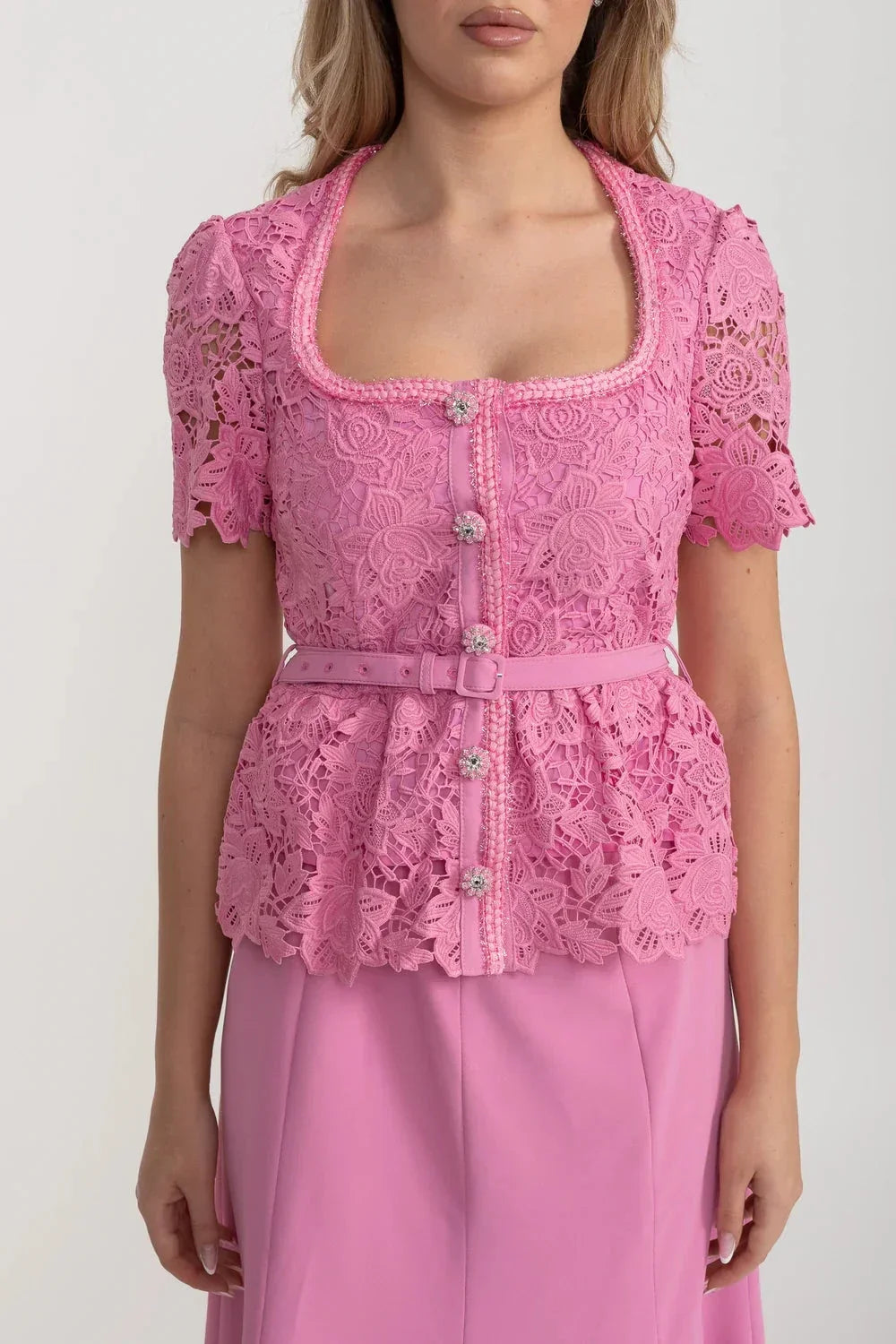 Short Sleeve Lace Top Midi Dress with Matching Belt – Pink – view 5