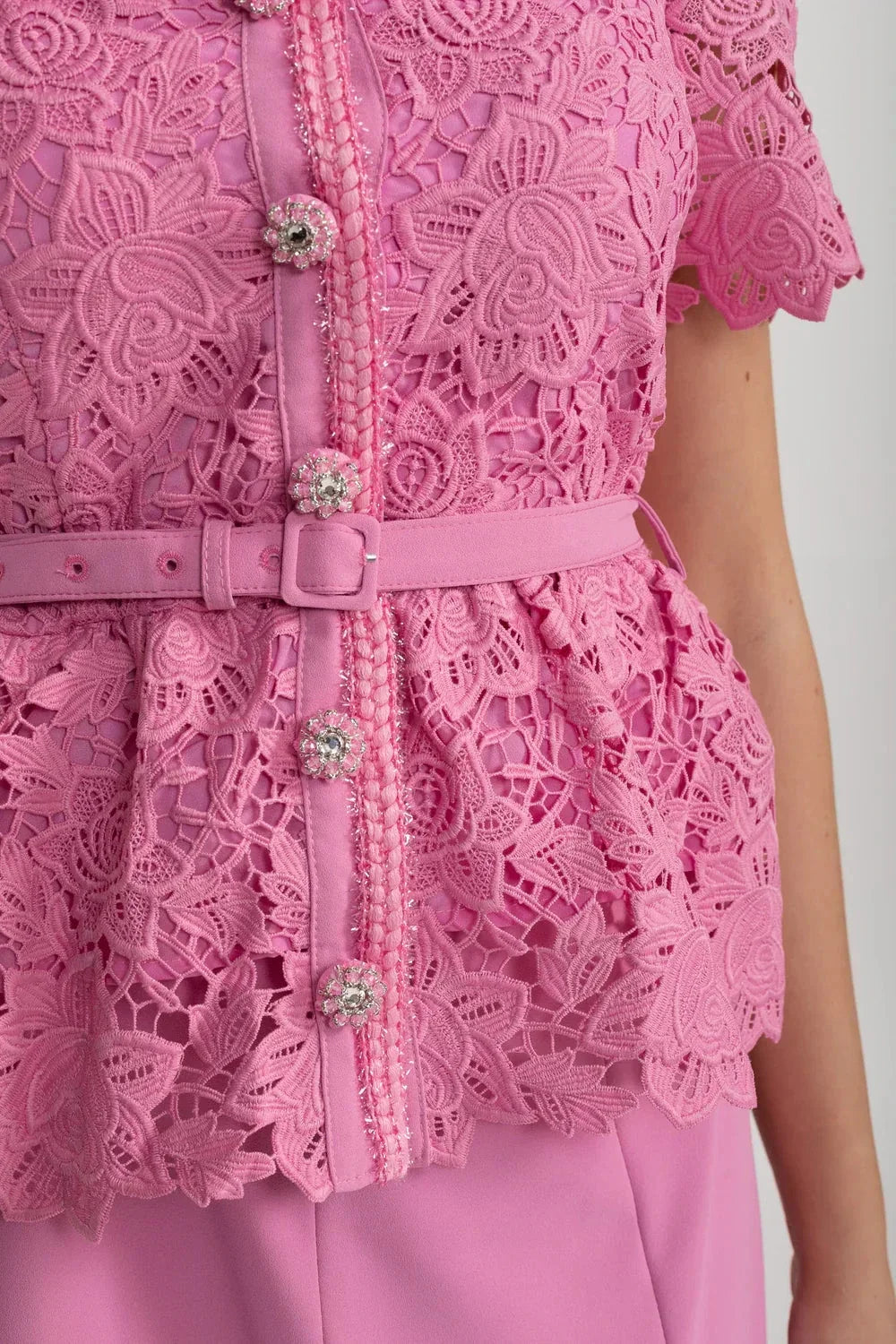 Short Sleeve Lace Top Midi Dress with Matching Belt – Pink – view 6
