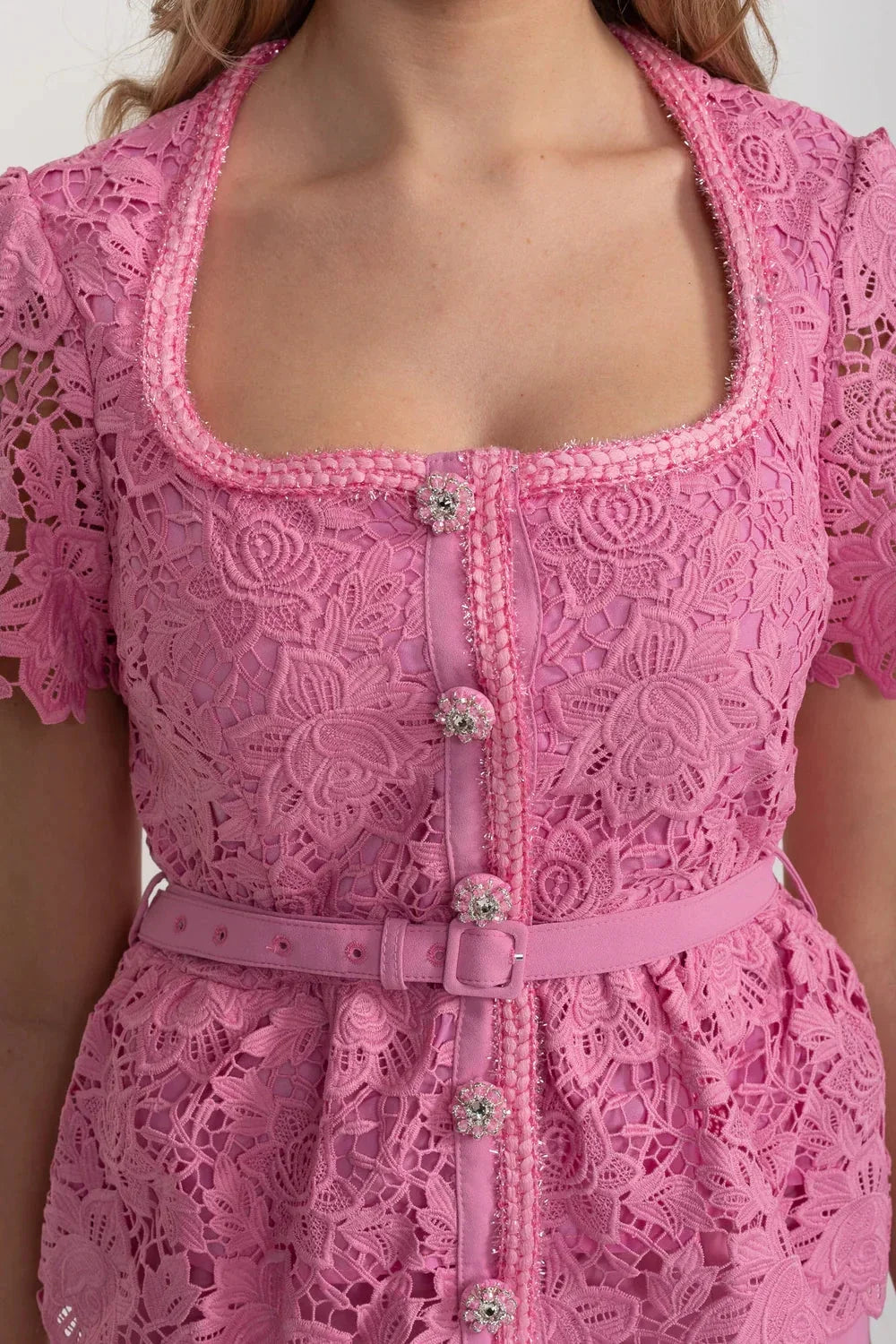 Short Sleeve Lace Top Midi Dress with Matching Belt – Pink – view 7