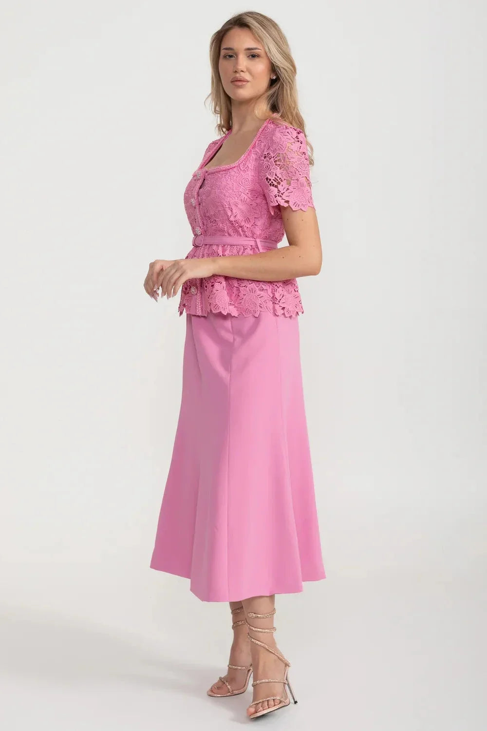 Short Sleeve Lace Top Midi Dress with Matching Belt – Pink – view 8