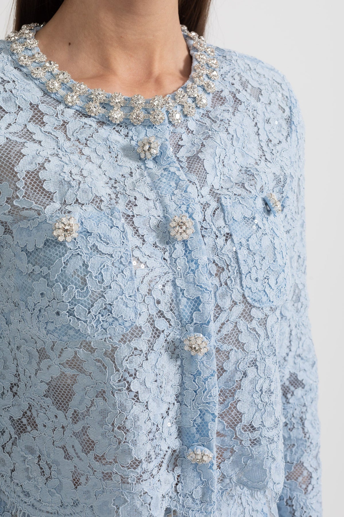 Long Sleeve Lace Top and Midi Skirt Co-ord with Sparkling Neckline – Blue – view 6