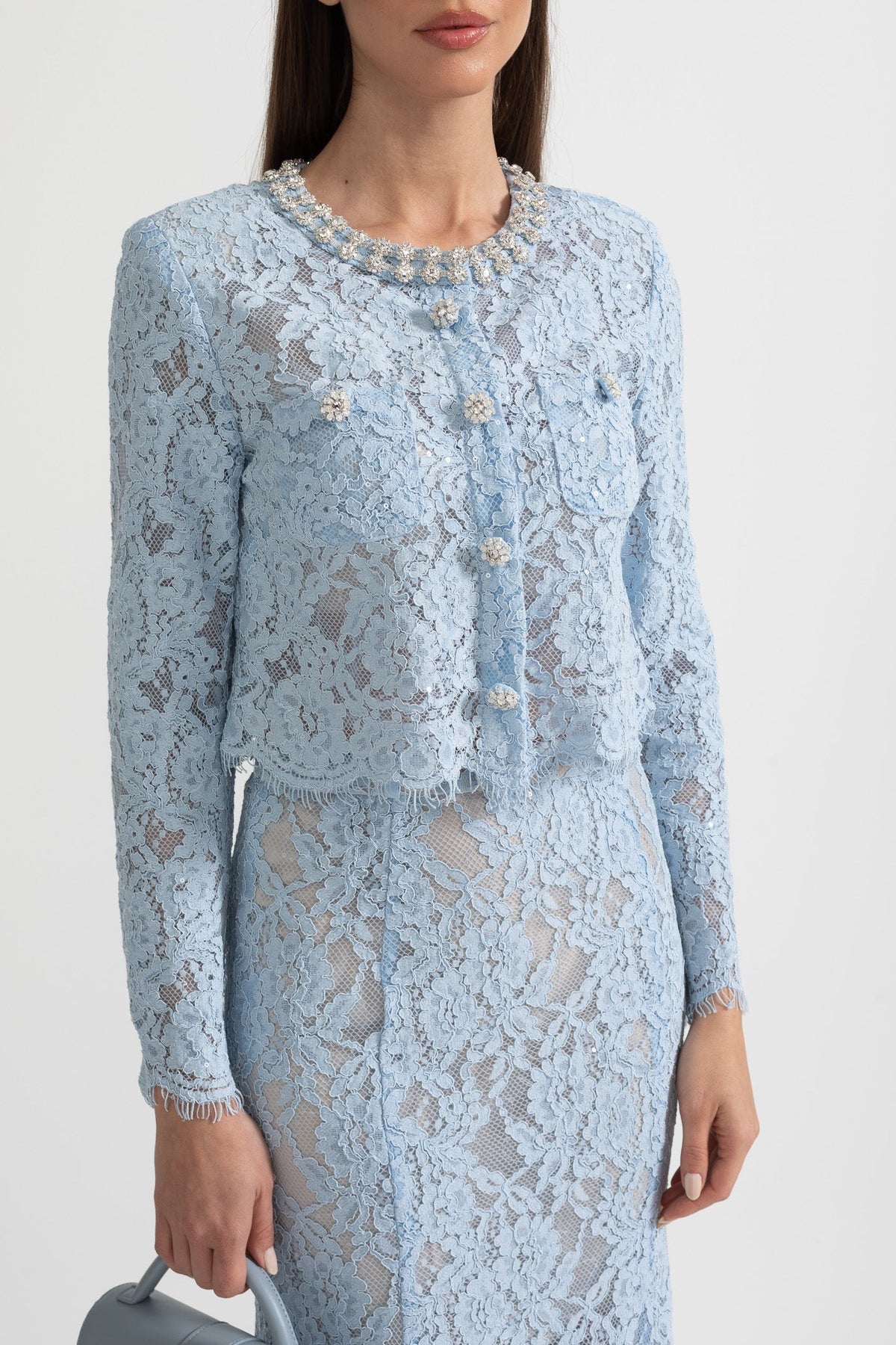 Long Sleeve Lace Top and Midi Skirt Co-ord with Sparkling Neckline – Blue – view 8