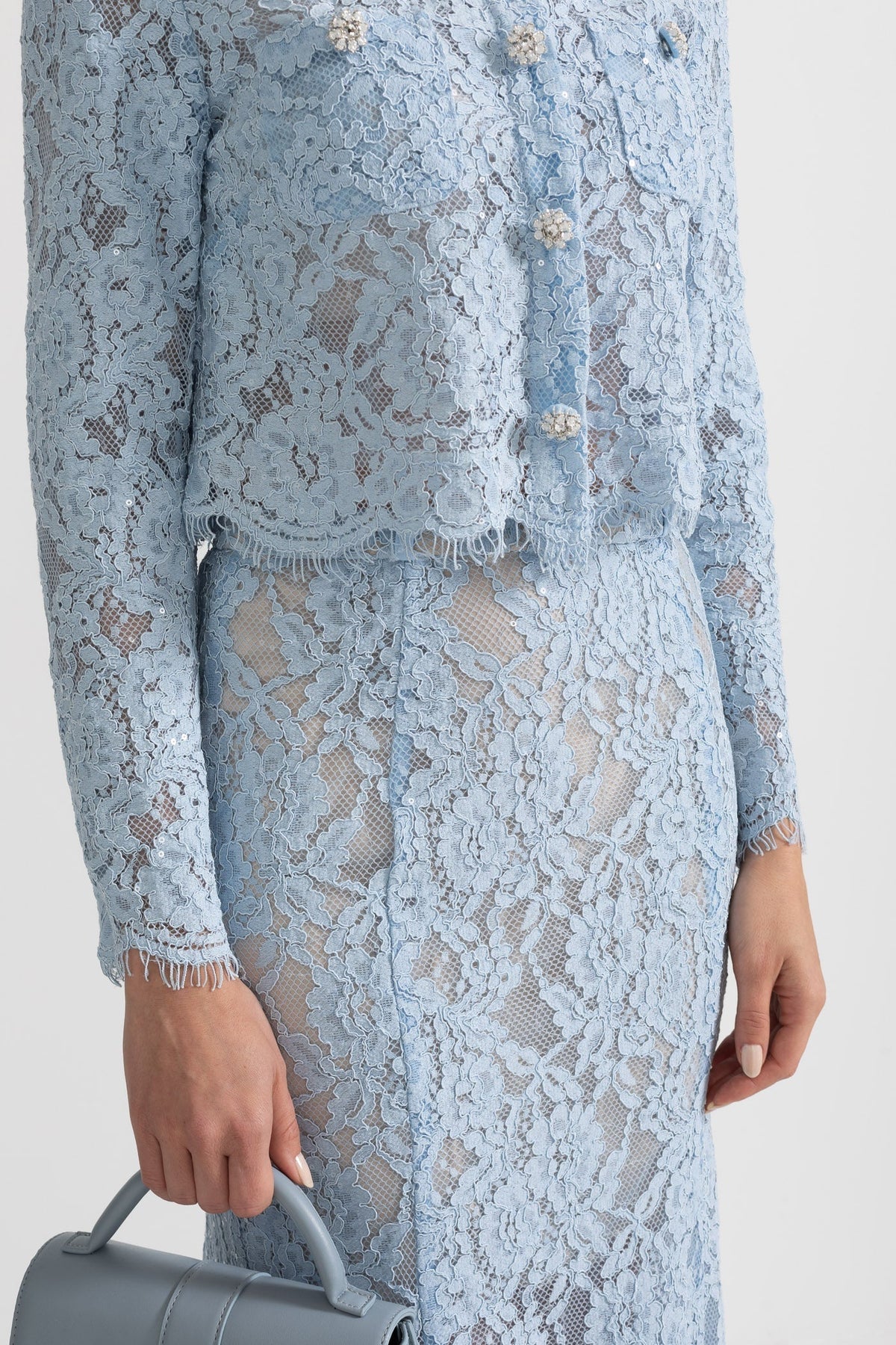 Long Sleeve Lace Top and Midi Skirt Co-ord with Sparkling Neckline – Blue – view 7