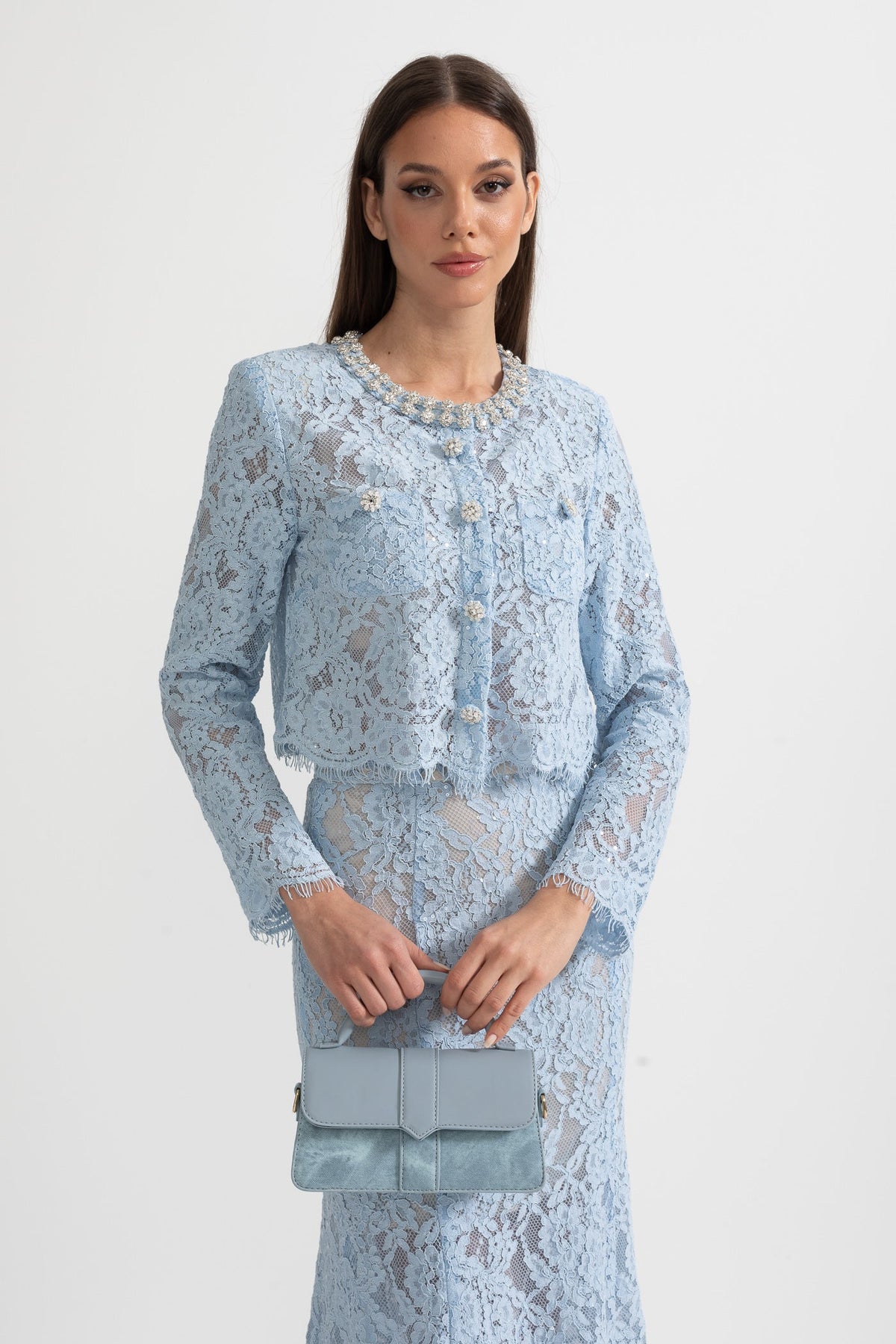 Long Sleeve Lace Top and Midi Skirt Co-ord with Sparkling Neckline – Blue – view 9