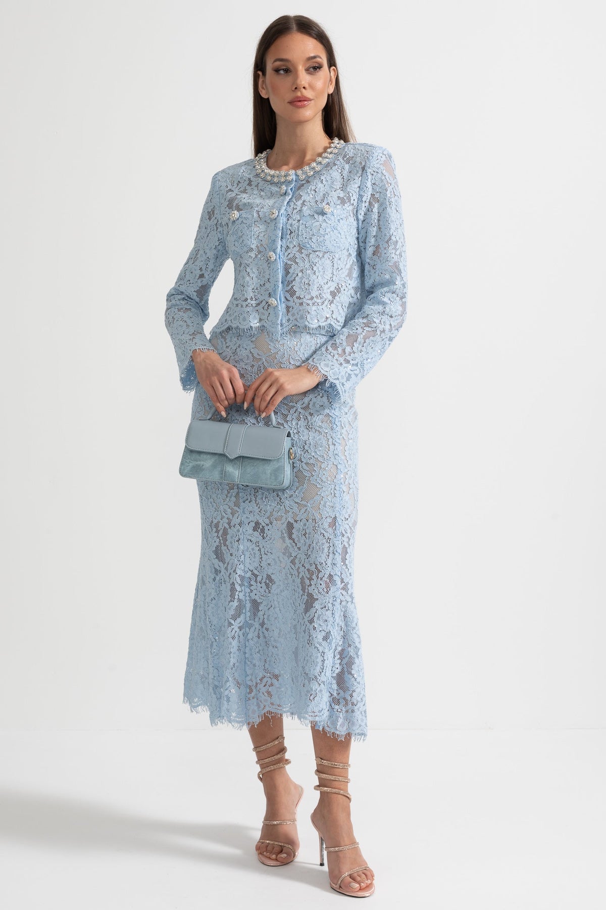 Long Sleeve Lace Top and Midi Skirt Co-ord with Sparkling Neckline – Blue – view 4