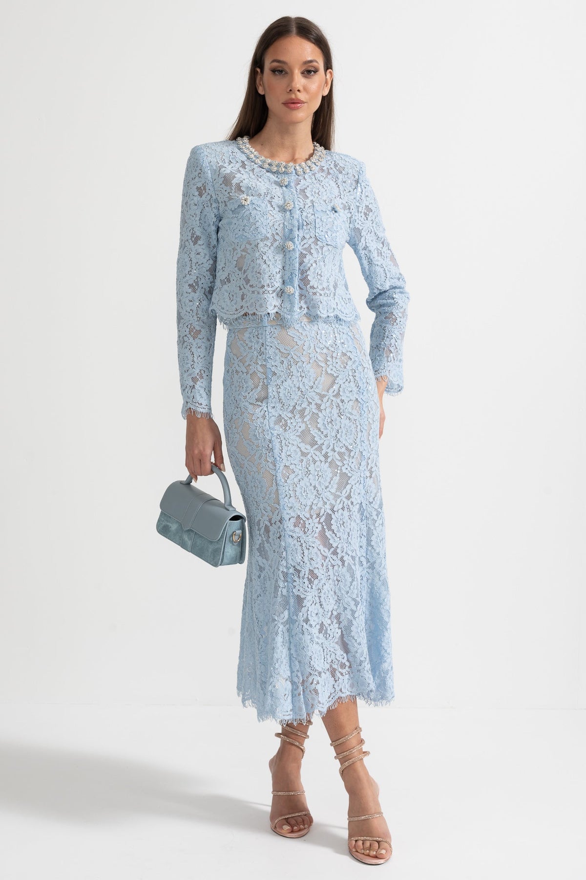 Long Sleeve Lace Top and Midi Skirt Co-ord with Sparkling Neckline – Blue – view 3