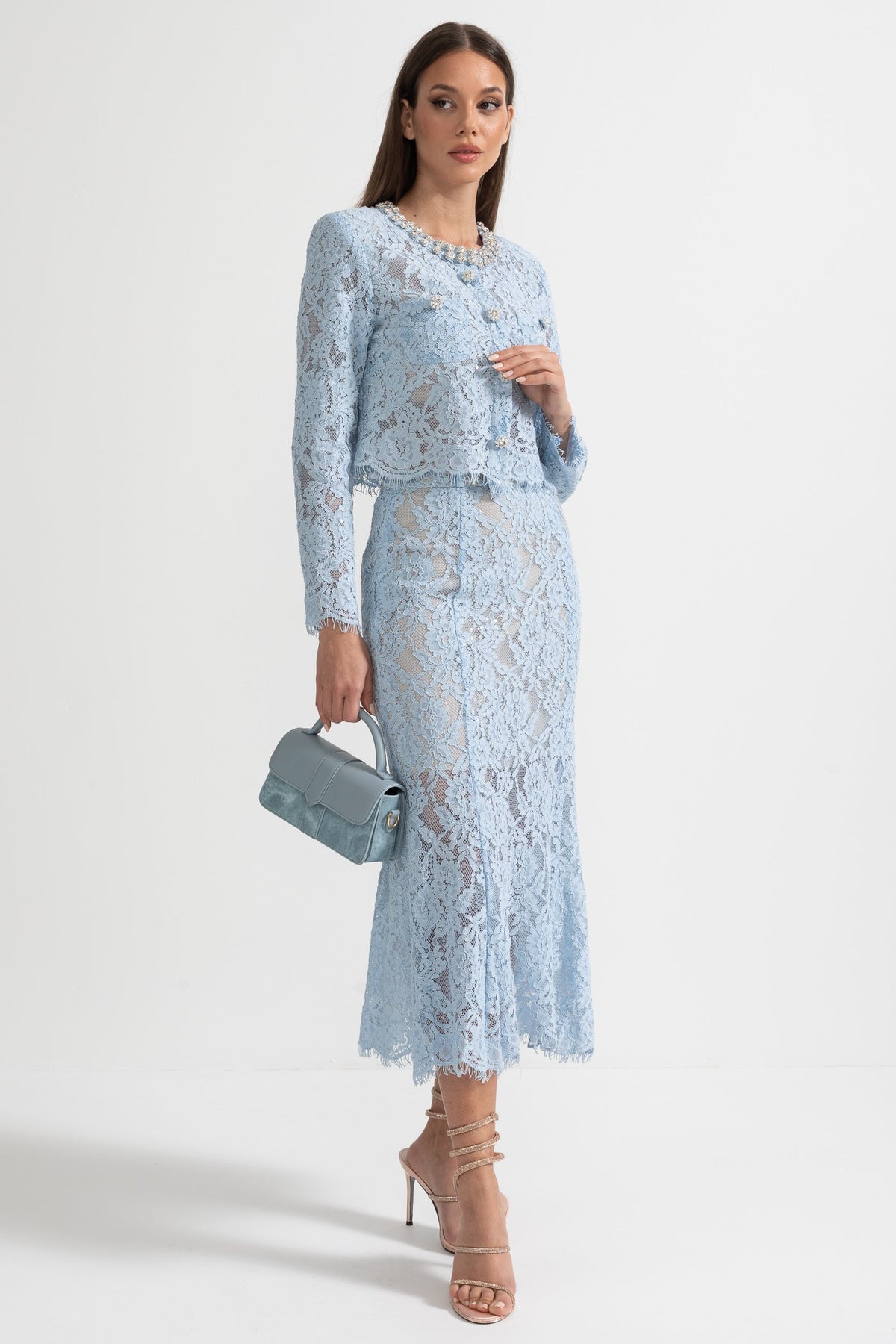 Long Sleeve Lace Top and Midi Skirt Co-ord with Sparkling Neckline – Blue – view 10