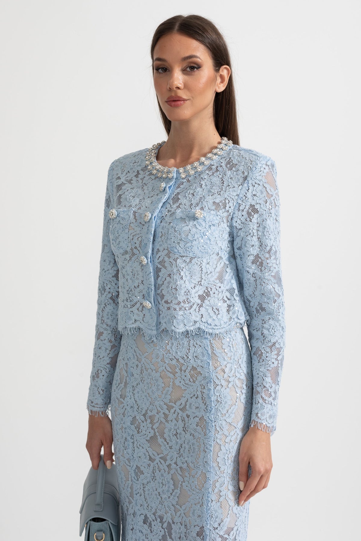 Long Sleeve Lace Top and Midi Skirt Co-ord with Sparkling Neckline – Blue – view 11