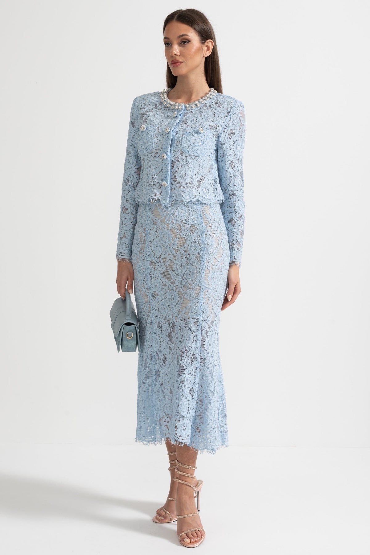 Long Sleeve Lace Top and Midi Skirt Co-ord with Sparkling Neckline – Blue – view 5