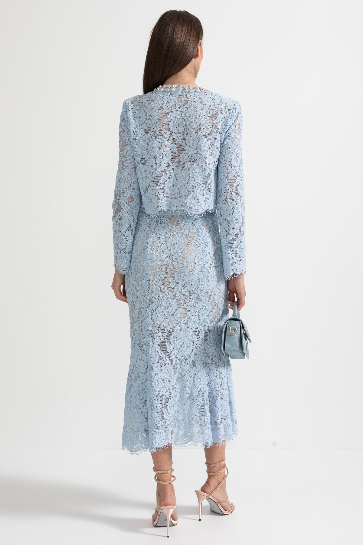 Long Sleeve Lace Top and Midi Skirt Co-ord with Sparkling Neckline – Blue – view 12