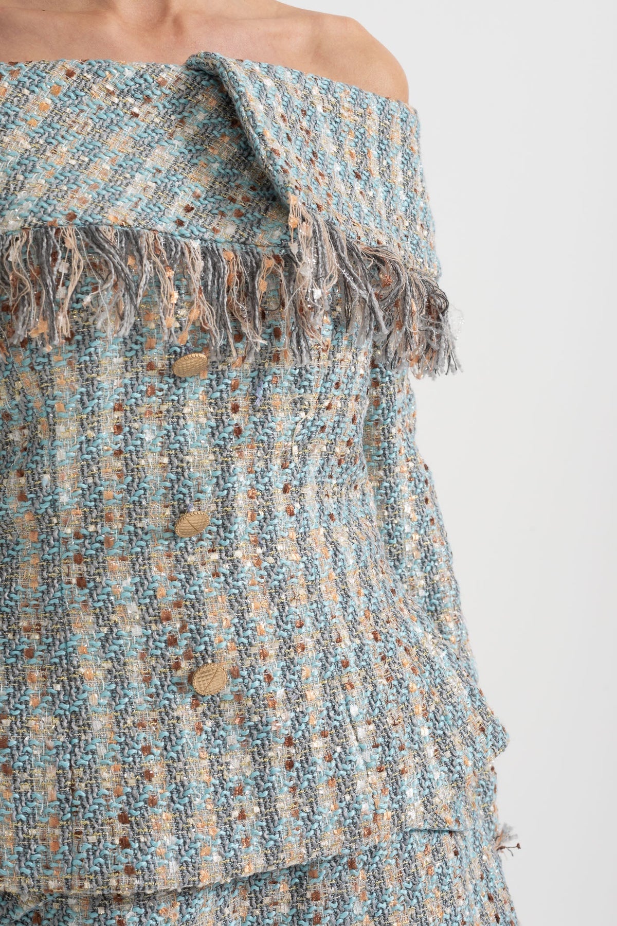 Plaid Tweed Off-Shoulder Top and Mini Skirt Co-ord Set – Blue – view 5