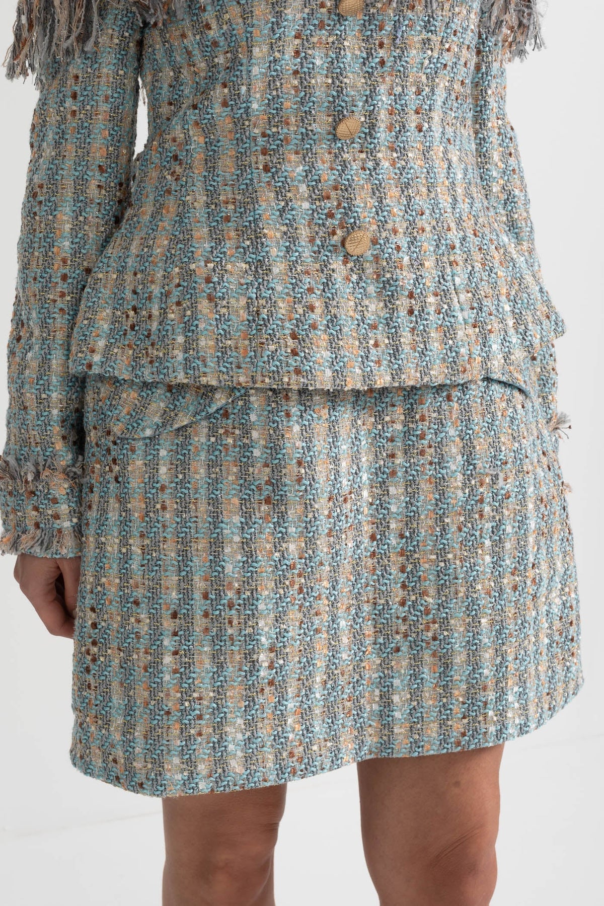 Plaid Tweed Off-Shoulder Top and Mini Skirt Co-ord Set – Blue – view 6