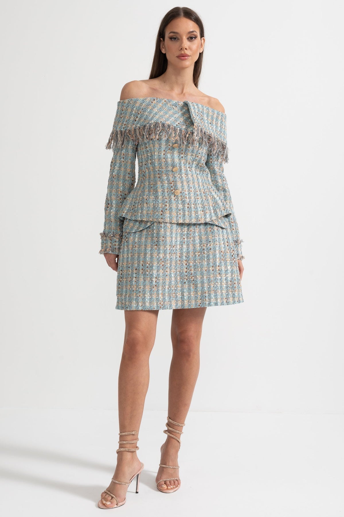 Plaid Tweed Off-Shoulder Top and Mini Skirt Co-ord Set – Blue – view 3