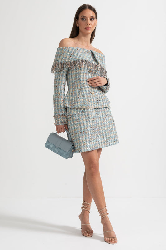 Plaid Tweed Off-Shoulder Top and Mini Skirt Co-ord Set – Blue – view 2