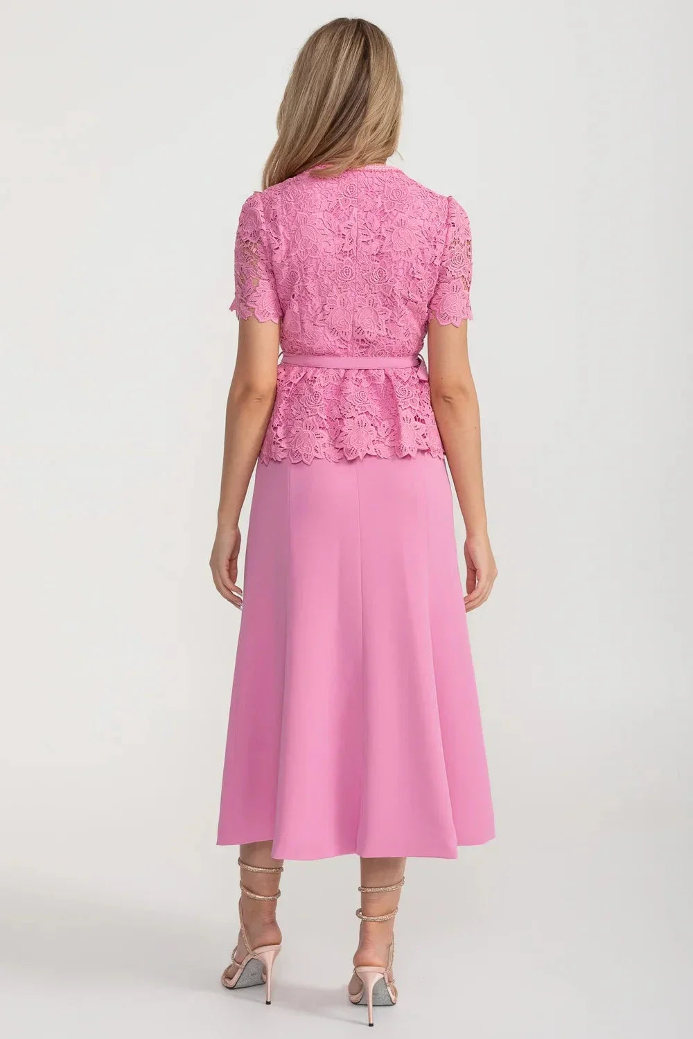 Short Sleeve Lace Top Midi Dress with Matching Belt – Pink – view 9